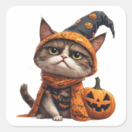 Grumpy Cat mit Jack O Lantern Begleiter 🎃 Quadratischer Aufkleber