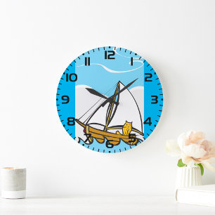 Grumpy Cat on Sailboat Funny Nautical Cartoon Große Wanduhr