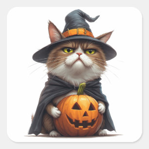 Grumpy Cat trägt Kürbis-Hexen-Outfit 🎃 Quadratischer Aufkleber
