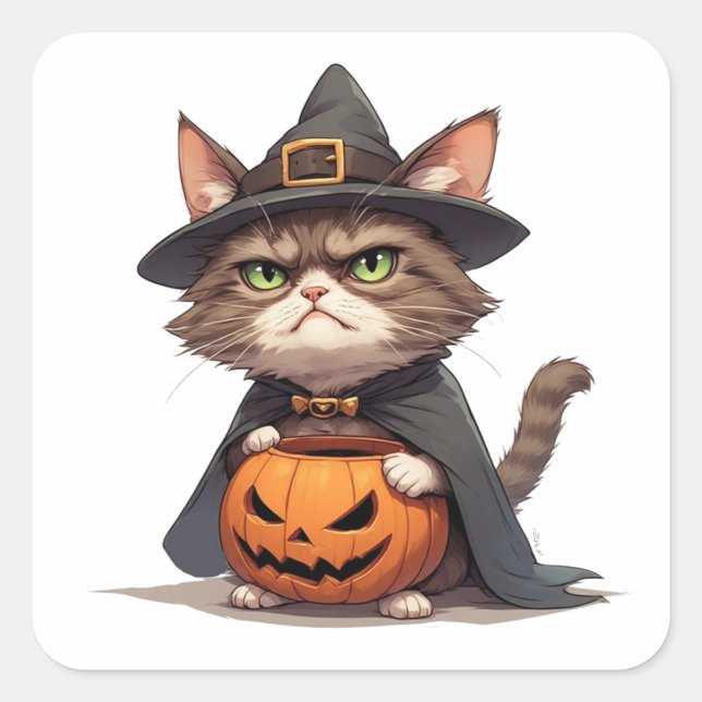Grumpy Cat und Jack O Lantern Freund Halloween 🎃 Quadratischer Aufkleber (Vorderseite)