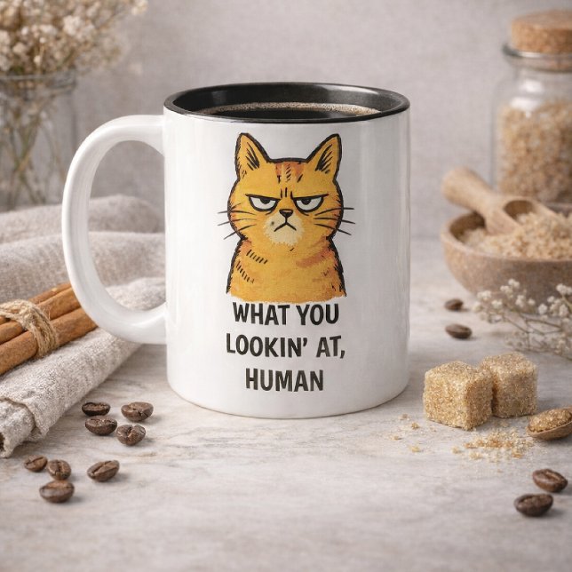 Grumpy Cat –“What You Lookin’ At, Human” Funny Zweifarbige Tasse (Von Creator hochgeladen)