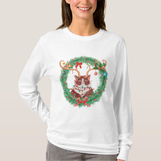 Grumpy Christmas Cat Rentier Wreath Long Sleeved T-Shirt
