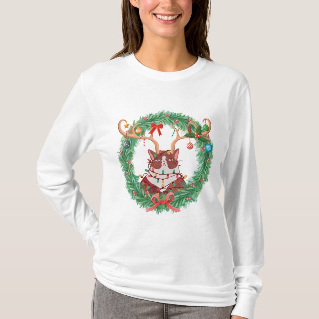 Grumpy Christmas Cat Rentier Wreath Long Sleeved T-Shirt (Vorderseite)