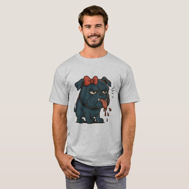 Grumpy Drooling Pug with Red Bow – Funny Dog Attit T-Shirt (Vorne ganz)