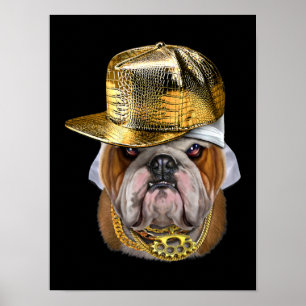 Grumpy English Bulldog mit Hip Hop Rapper Poster
