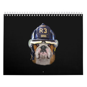 Grumpy English Bulldog Wear Firefighter Helm Kalender