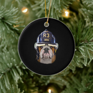 Grumpy English Bulldog Wear Firefighter Helm Keramik Ornament