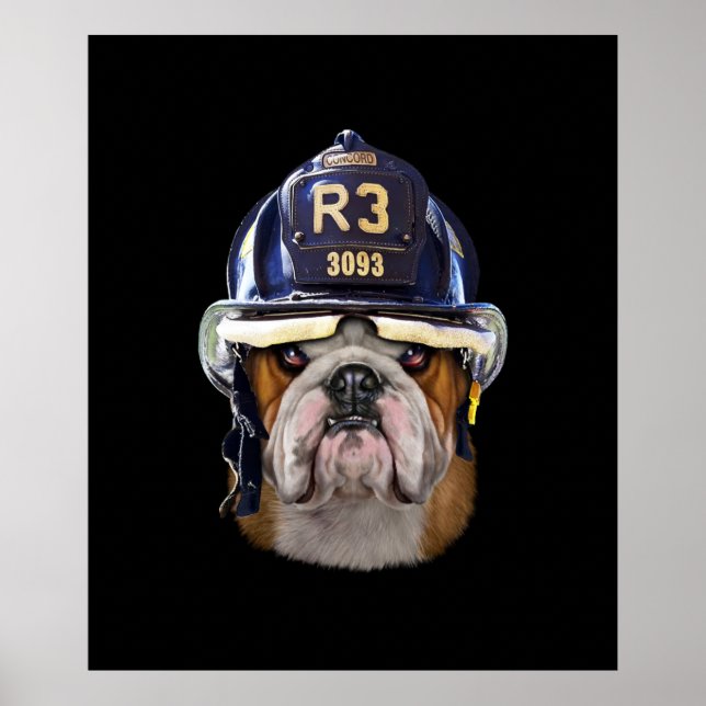 Grumpy English Bulldog Wear Firefighter Helm Poster (Vorne)