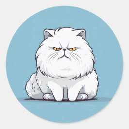 Grumpy Fat White Cat auf blauem Hintergrund Runder Aufkleber