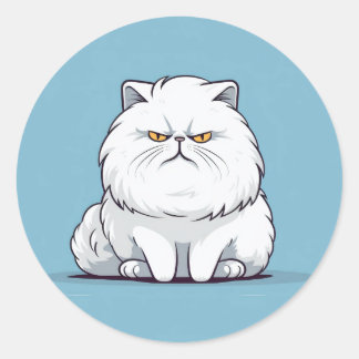 Grumpy Fat White Cat auf blauem Hintergrund Runder Aufkleber