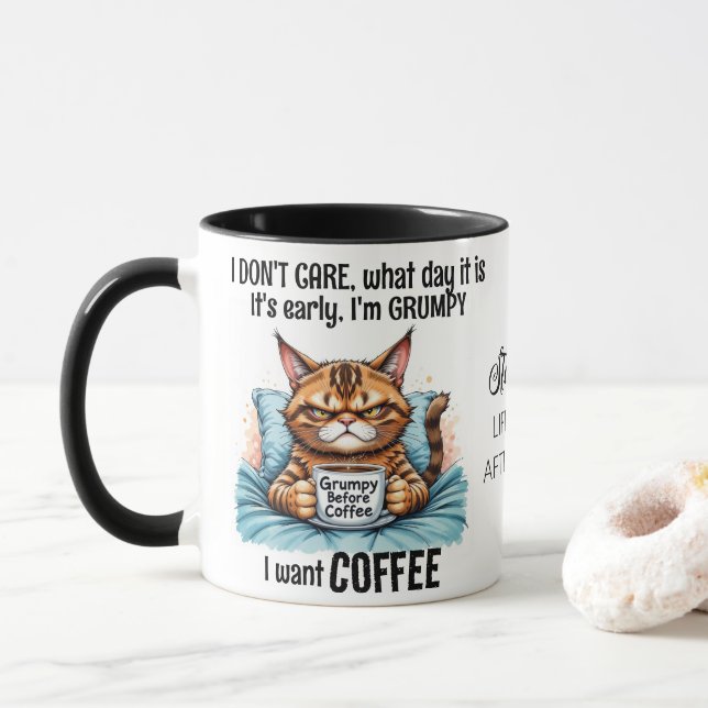 Grumpy Funny Cat Drink Kaffee Zitat Tasse (Mit Donut)