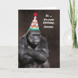 Grumpy Gorilla in Party Hat Birthday Personalized Karte