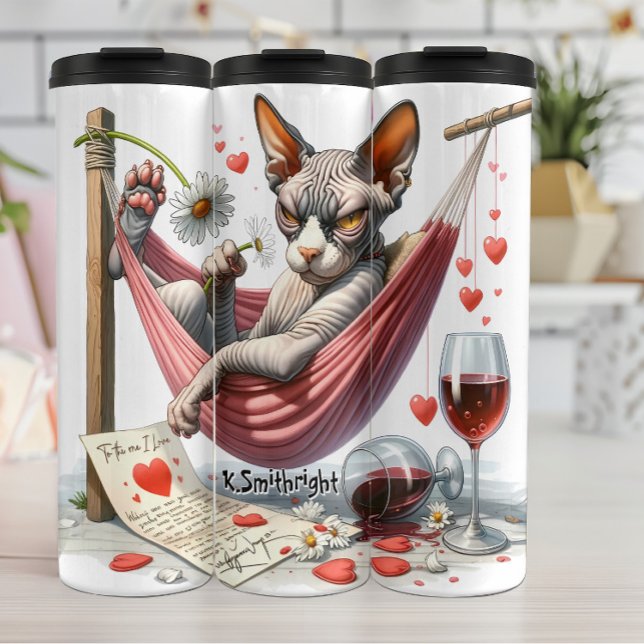 Grumpy Hairless Cat in Hammock Thermosbecher (Von Creator hochgeladen)