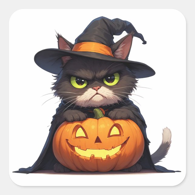 Grumpy Hexenkatze und Kürbis Halloween 🦇 Quadratischer Aufkleber (Vorderseite)