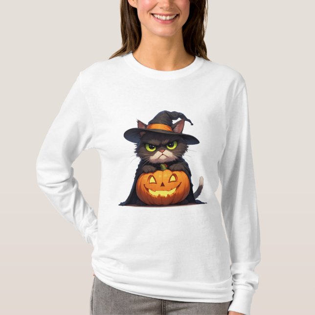 Grumpy Hexenkatze und Kürbis Halloween 🦇 T-Shirt (Vorderseite)