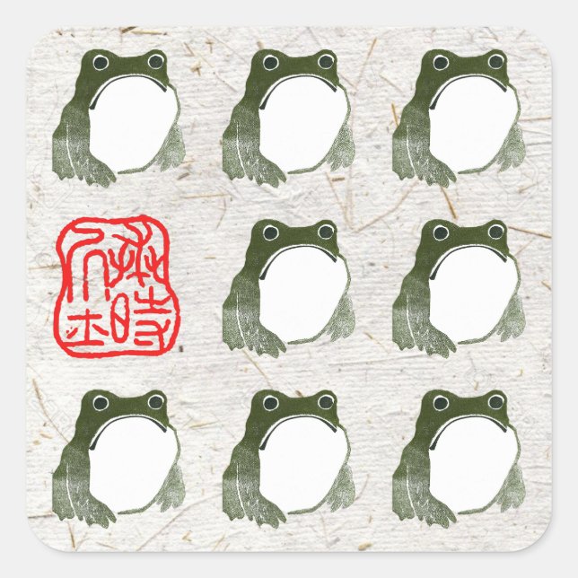 Grumpy Japanese Frog Toad 19. Jahrhundert Quadratischer Aufkleber (Vorderseite)
