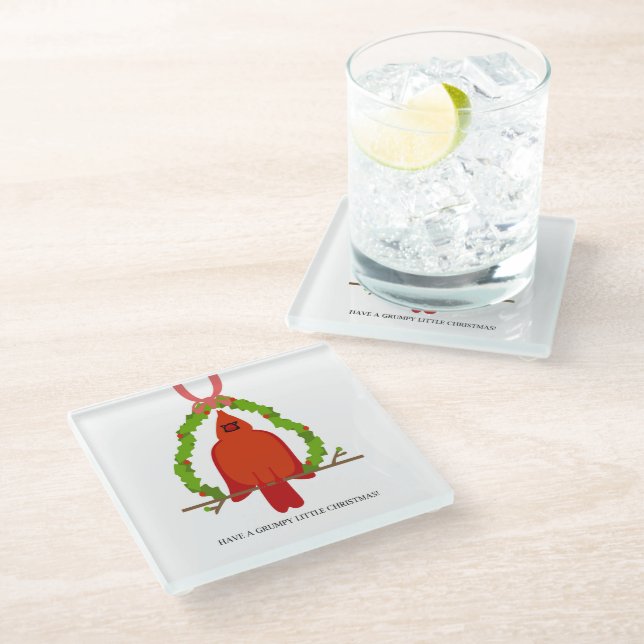 Grumpy Kardinal Weihnachten Glasuntersetzer (Schrägansicht)