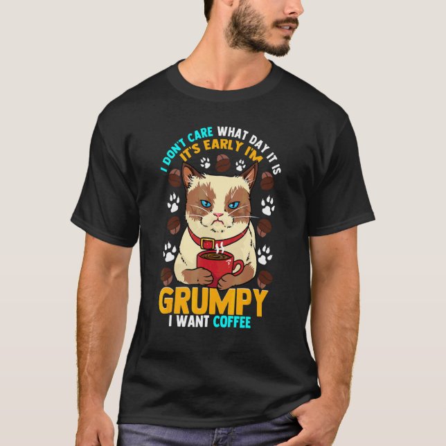 Grumpy Morning Cat vor dem Morgenkaffee T-Shirt (Vorderseite)