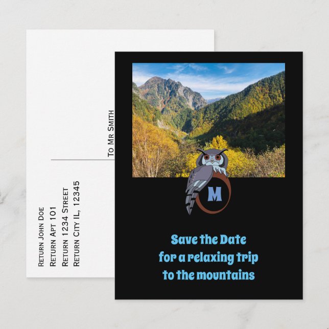 Grumpy Owl Nesting on Monogram Egal Foto Einladungspostkarte (Vorne/Hinten)