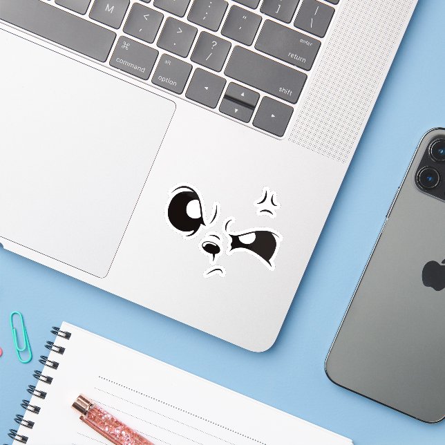 Grumpy Panda Face Minimalist Vinyl Laptop Sticker. Aufkleber (Laptop mit iPhone)