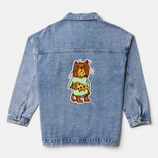 Grumpy Pizza Pet Funny Cat Zeichnend Spaß Jeansjacke (Rückseite)