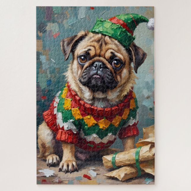 Grumpy Pug Dog in Elf Hat Funny Christmas Art Puzzle (Vertikal)