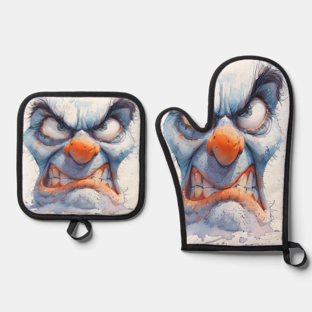Grumpy Snowman Oven Mitt and Pot Holder Set (Vorderseite)
