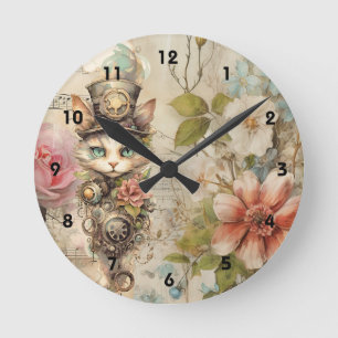 Grumpy Steampunk Cat Collage Vintag Paper Rose Runde Wanduhr