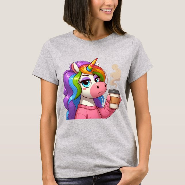 Grumpy Unicorn Needs Coffee Cartoon T-Shirt (Vorderseite)