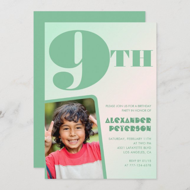 Grün 9. Geburtstag Einladungen Farbiges Foto (Vorne/Hinten)