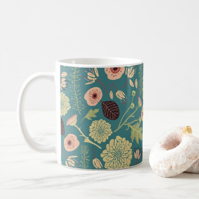 Grün Aquamarin rosa Blumentoß Gemusterte Blume Kaffeetasse (Mit Donut)