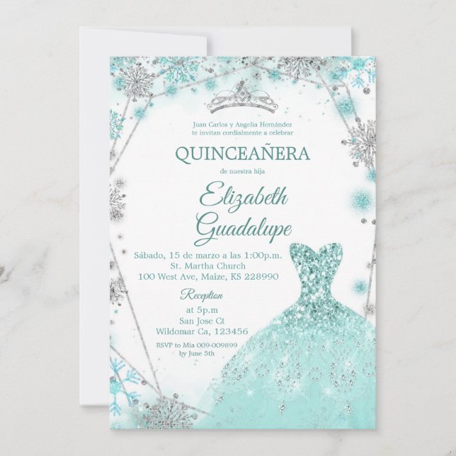 Grün Aquamarin Silver Winter Snowflake Quinceanera Einladung (Vorderseite)