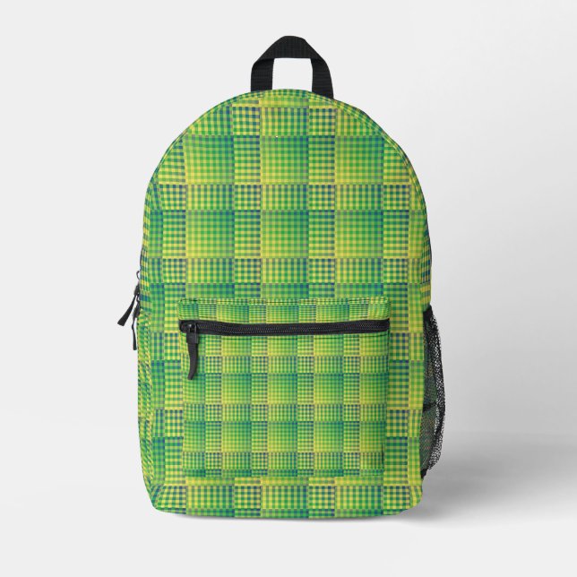 Grün Blau Checker Abstraktes Muster Bedruckter Rucksack (Vorderseite)