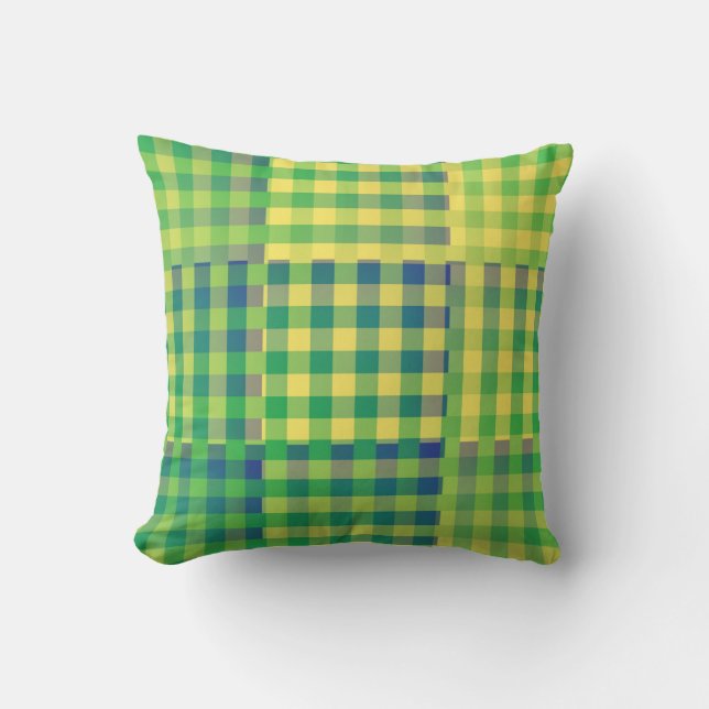 Grün Blau Gelb Karo Patchwork Muster Kissen (Vorderseite)