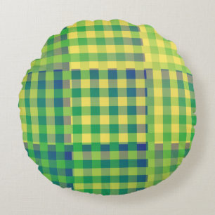 Grün Blau Gelb Karo Patchwork Muster Rundes Kissen