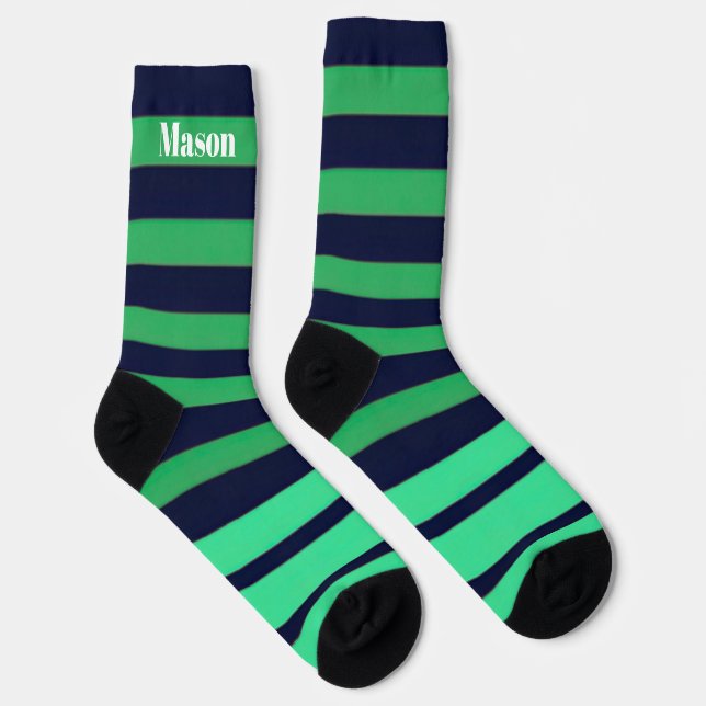 Grün-blau-gestreifte Crew-Socken für Männer oder F Socken (Rechts)
