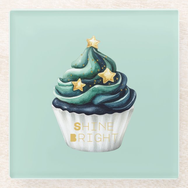 Grün Blau Gold Sterne Leuchten Hell Cupcake Glasuntersetzer (Vorderseite)
