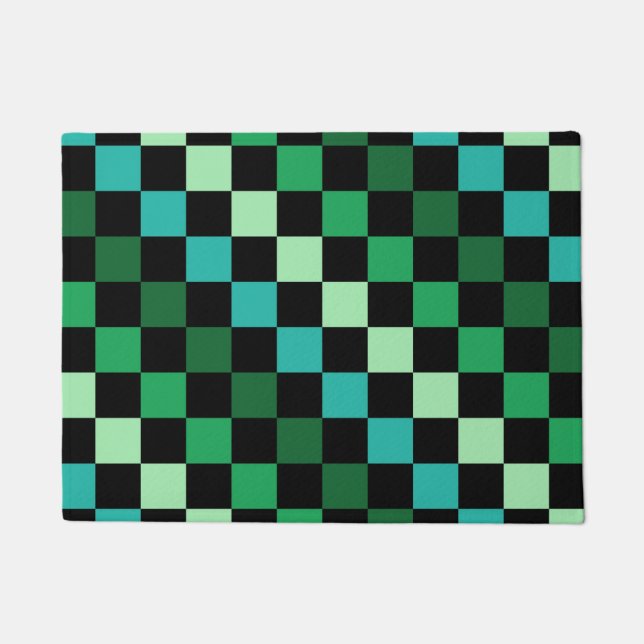 Grün Blau Kariertes Gingham-Muster Fußmatte (Vorderseite)