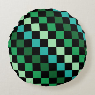 Grün Blau Kariertes Gingham-Muster Rundes Kissen