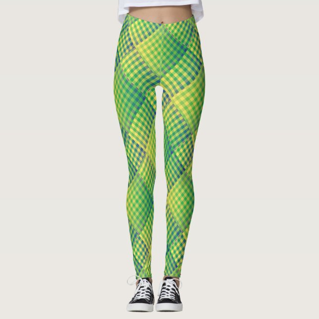Grün Blau Karo abstraktes Muster Leggings (Vorderseite)