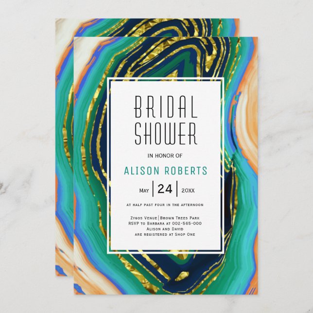 Grün, blau, pfirsichfarbenes Brautparty, Goldfolie Einladung (Vorne/Hinten)