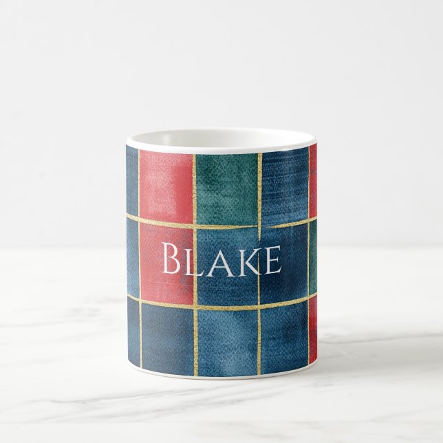 Grün Blau Rot Gold Kariert Gestreift Kaffeetasse (Mittel)