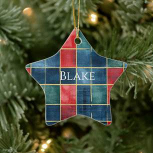 Grün Blau Rot Gold Kariert Streifen Weihnachten Keramik Ornament