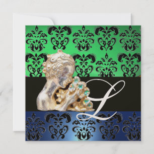 GRÜN BLAU, SCHWARZ, WEISS DAMAST JEWEL MONOGRAMM EINLADUNG