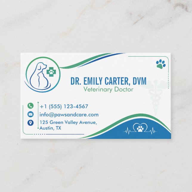 Grün & Blau Tierklinik-Design, anpassbare DVM  Visitenkarte (Vorderseite)