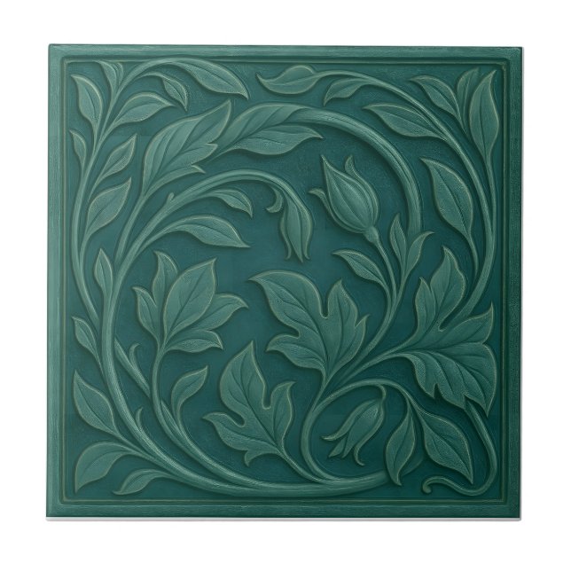 Grün-blaue botanische Keramikfliese (Vorderseite)