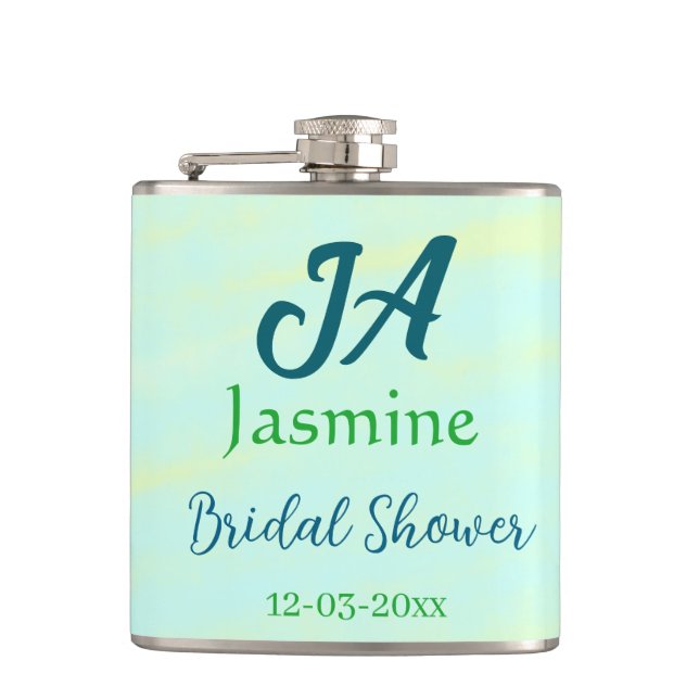 Grün blaue Pastell-Aquarell-Brautparty-Name da Flachmann (Vorderseite)