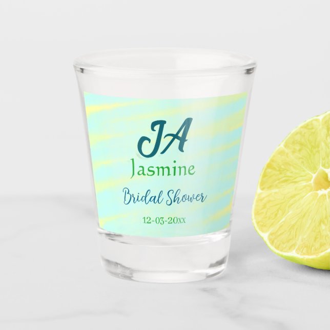 Grün blaue Pastell-Aquarell-Brautparty-Name da Schnapsglas (Vorderseite)