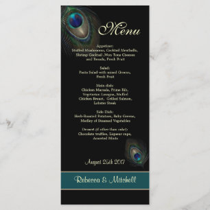 Grün-blaue Pfaufedern auf schwarzem Menü Menükarte