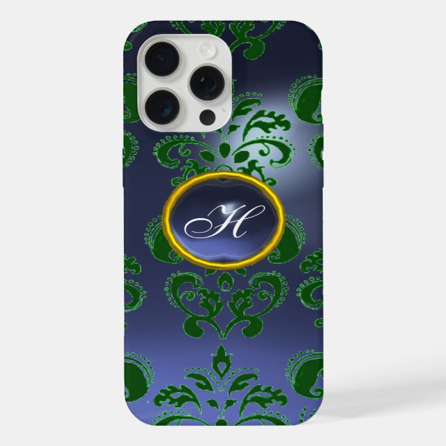 GRÜN BLAUER DAMAST-EDELSTEIN-MONOGRAMM Floral iPhone Hülle (Rückseite)